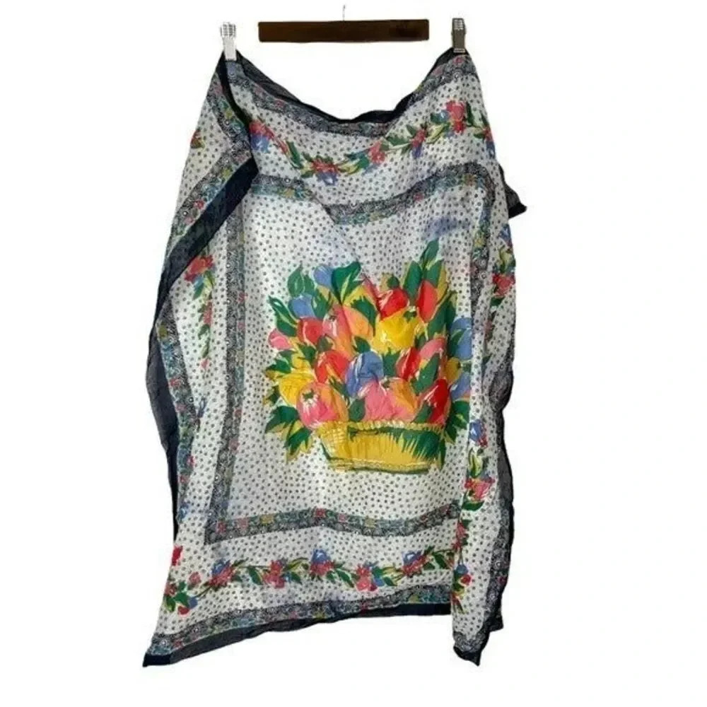 Axcess Navy Blue & White Fruit Basket Floral Square Scarf